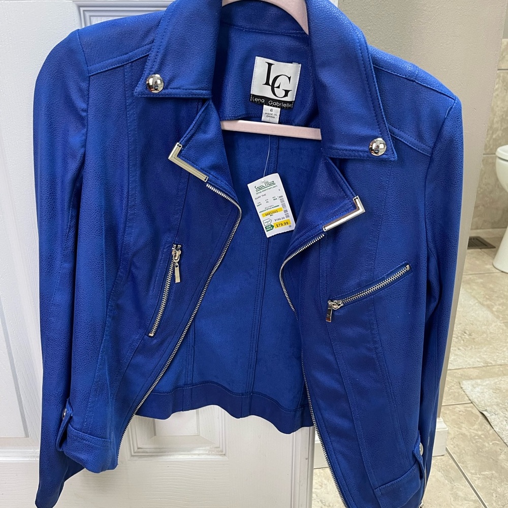 LG Blue Leather Moto Jacket with Silver Zippers